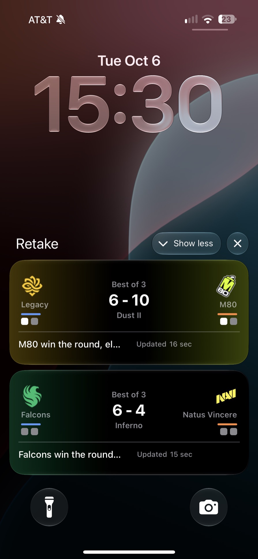 iPhone Lock Screen showing two Retake Live Activities: Legacy trailing M80 6-10 on Dust II in a best-of-three, and Falcons leading Natus Vincere 6-4 on Inferno