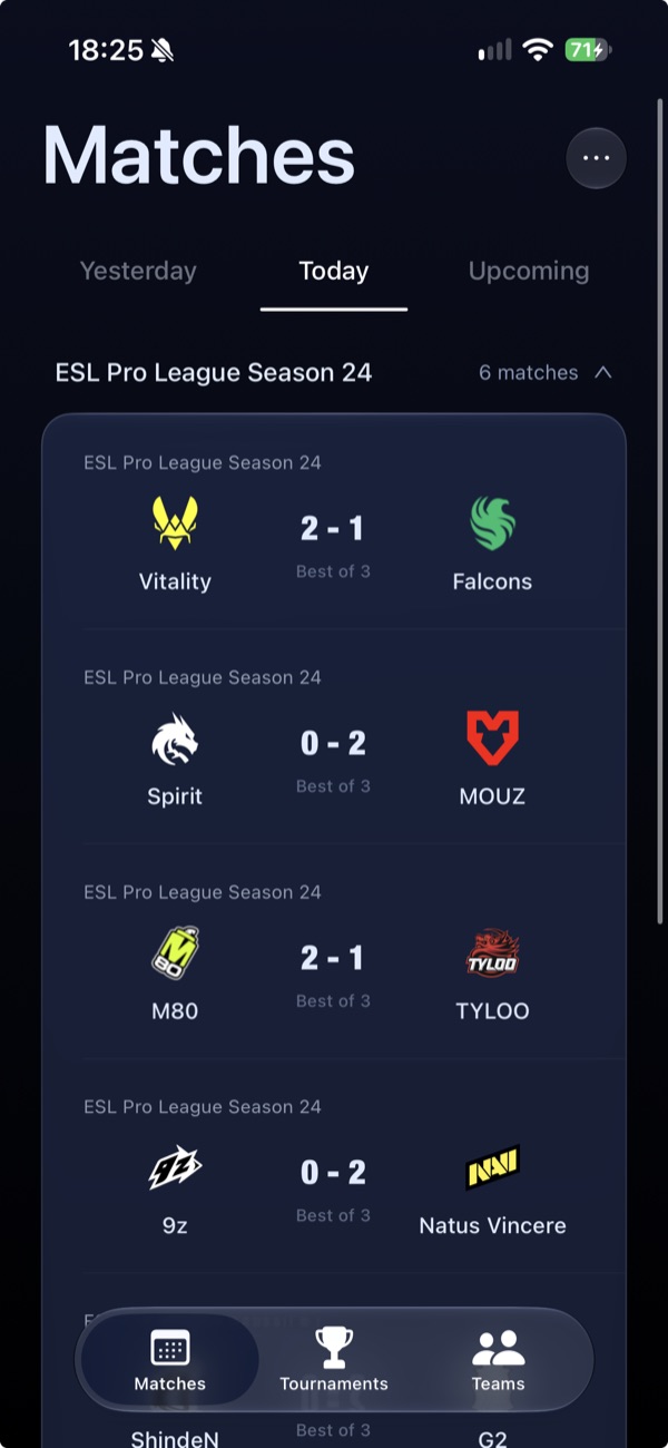 Retake Matches tab showing Yesterday, Today and Upcoming CS2 fixtures