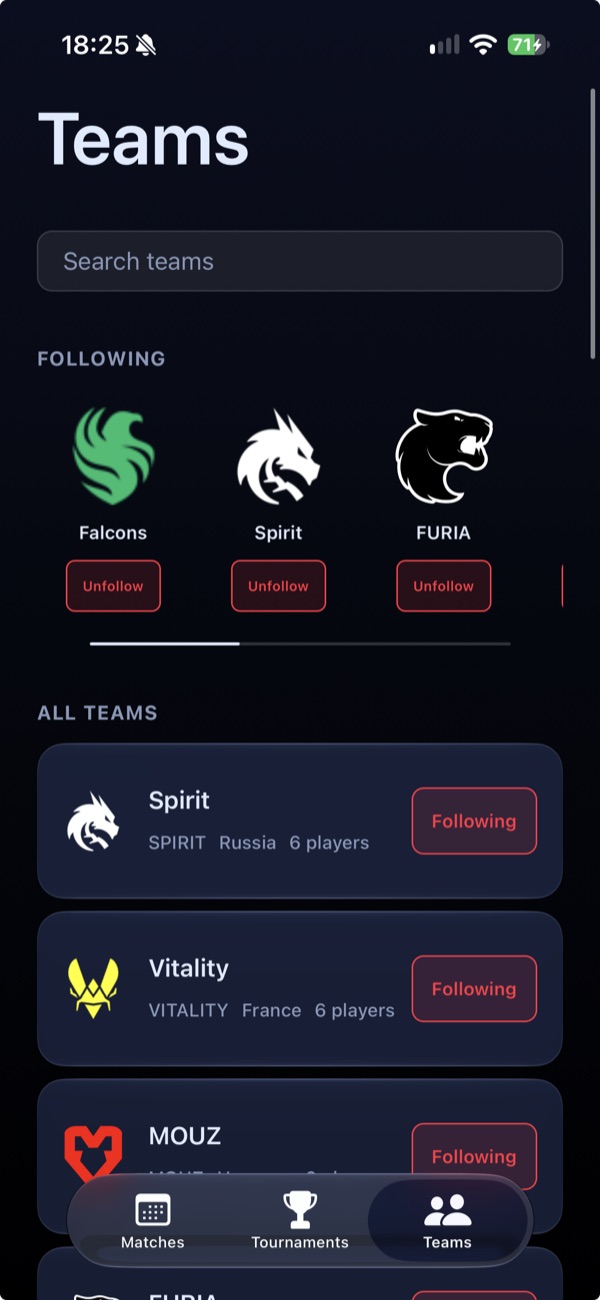 Retake Teams tab listing followed teams and the full team list